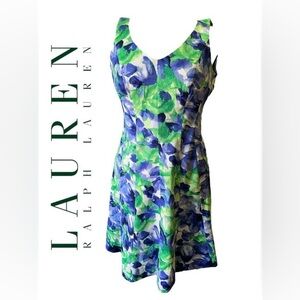 Ralph Lauren SZ 10 Blue watercolor Sleeveless V-Neck dress 95% cotton  Beautiful